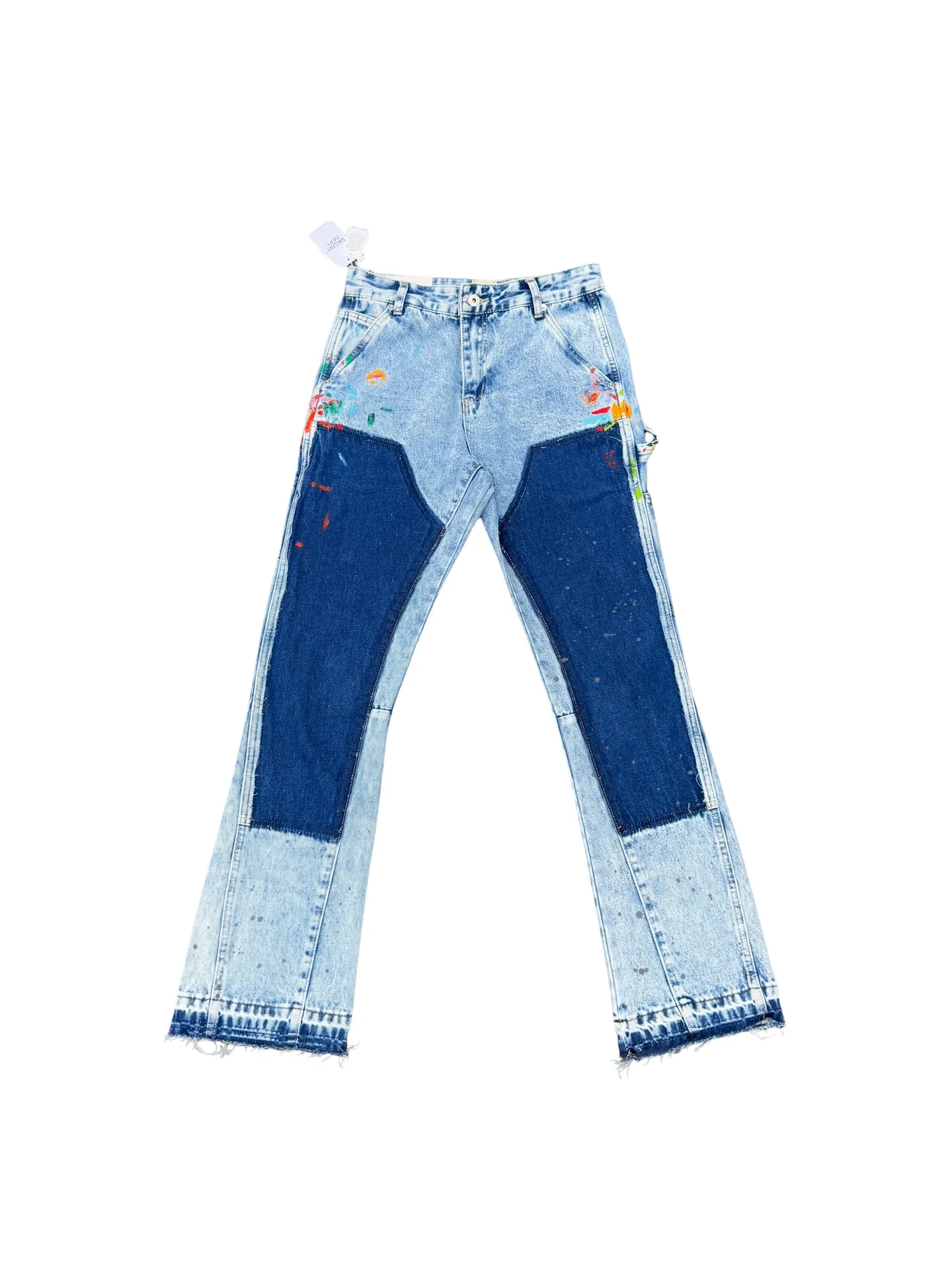 -Size upper body P250#G94 GALLERY DEPT. Spliced ​​patchwork splash-ink denim bell-bottoms, washed and distressed spliced ​​jeans. During the process, the owner of the denim washing plant helped introduce a boss who once worked at Levi's foundry and then started his own business. This also paved the way for the following styles. Therefore, Levi's remodeled single product for the base plate is really familiar. Whether it is the fabrics supplied or the lathes used in production, there is nothing to choose from. -Color: Blue -Size: S-XXL (corresponding to 28-36)